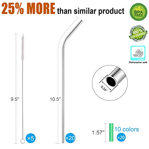  Set Of 20 10.5" Reusable Stainless Steel Straws Bent Reusable Straws With 20 Silicone Tips 5 Cleaning Brush 1 Travel Case Eco Friendly Extra Long Metal Straws Drinking For 20 24 30 Oz Tumbler