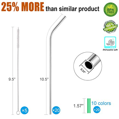  Set Of 20 10.5" Reusable Stainless Steel Straws Bent Reusable Straws With 20 Silicone Tips 5 Cleaning Brush 1 Travel Case Eco Friendly Extra Long Metal Straws Drinking For 20 24 30 Oz Tumbler
