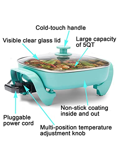  Electric Skillet Ceramic Nonstick 5QT - 12" Square With Glass Lid, Adjustable Temperature Control, Dishwasher Safe, Turquoise, Nozaya