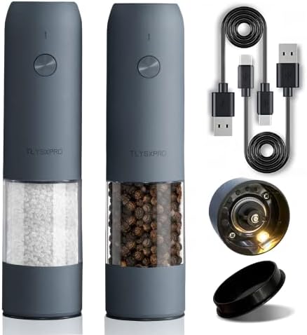  Electric Salt And Pepper Grinder Set, USB Rechargeable, Automatic Salt And Pepper Mill Grinder With Adjustable Coarseness, Electric Salt Shakers, LED Light, Refillable, Kitchen Gadgets (2 Packs, Sage)