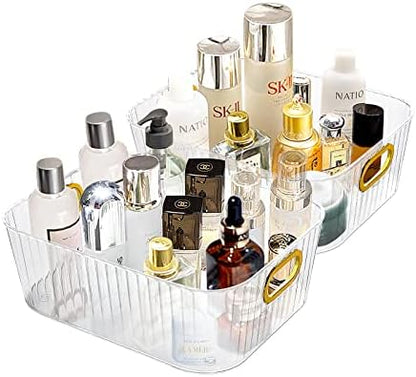  2 Pack Open Compartment Clear Plastic Organizer, Rectangular Makeup And Vanity Storage Bin And Pantry Caddy With Pass-Through Handles For Bathroom Kitchen Refrigerator Organizers And Storage