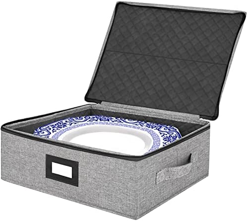  Platter Storage Case - Stackable China Storage Containers Hard Shell With Durable Zipper & Label & Sturdy Handles, 5.3” Height, Structured Top, 4 Felt Dividers Included (Dark Gray)