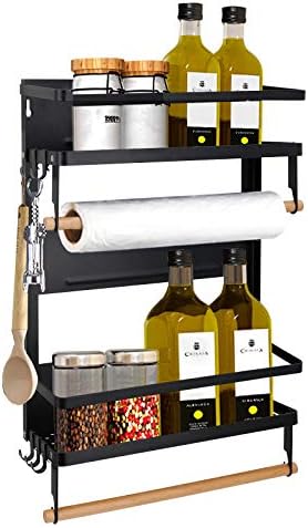  Jolitac Magnetic Fridge Spice Rack- Space Saving Organizer Black Shelf On Refrigerator, Kitchen Paper Towel Holder, Foldable Design (Black-Large)