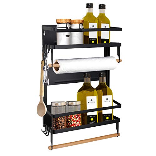  Jolitac Magnetic Fridge Spice Rack- Space Saving Organizer Black Shelf On Refrigerator, Kitchen Paper Towel Holder, Foldable Design (Black-Large)
