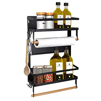  Jolitac Magnetic Fridge Spice Rack- Space Saving Organizer Black Shelf On Refrigerator, Kitchen Paper Towel Holder, Foldable Design (Black-Large)