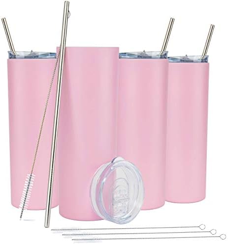  Kinny Tumblers With Lids And Straws (4 Pack) - 20 Oz Double Wall Insulated Slim Stainless Steel Silver Tumblers With Straw Cleaner | Reusable Travel Mug For Hot And Cold Beverages