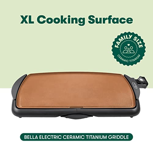 Bella Electric Ceramic Titanium Griddle, Make 10 Eggs At Once, Healthy-Eco Non-stick Coating, Hassle-Free Clean Up, Large Submersible Cooking Surface, 10.5" X 20", Copper/Black