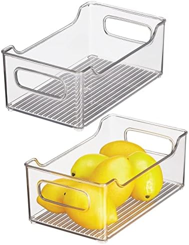  Slim Stackable Plastic Storage Organization Bin With Handles For Kitchen Cabinet, Pantry, Shelf, Refrigerator, Home Organizer For Fruit, Potatoes, Onions, Drinks, Snacks, Pasta, 2 Pack, Clear