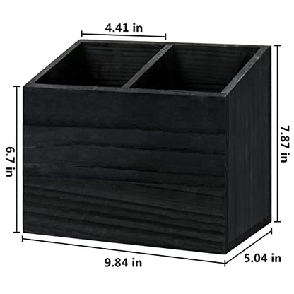  Utensil Holder For Kitchen Counter, Wood Utensil Organizer With 2 Compartments, Utensil Caddy And Silverware Organizer For Kitchen Decor, Black Kitchen Accessories