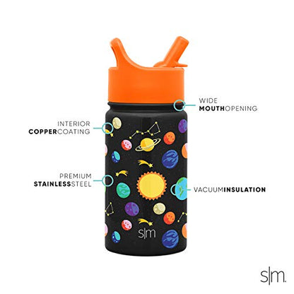  Kids Water Bottle With Straw Lid | Insulated Stainless Steel Reusable Tumbler For Toddlers, Girls, Boys | Summit Collection | 14oz, Solar System