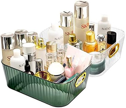  2 Pack Open Compartment Clear Plastic Organizer, Rectangular Makeup And Vanity Storage Bin And Pantry Caddy With Pass-Through Handles For Bathroom Kitchen Refrigerator Organizers And Storage