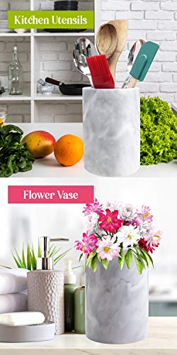  Marble Utensil Holder For Kitchen Counter Decor, Flatware & Utensil Storage Organizer - Kitchen Utensil Organizer For Countertops, Pantry, Bathroom, Office & Center Table