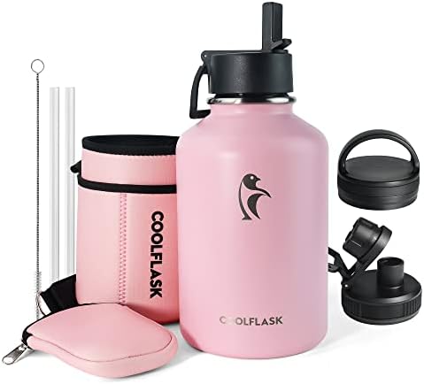  64 Oz Insulated Water Bottle With Strap & Sleeve, Half Gallon Water Jug 3 Lids Stainless Steel Multifunctional Flask BPA-Free, Keep 48H Cold 24H Hot, Compact Yoga/Gym Bottle, Black