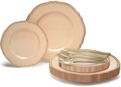  " OCCASIONS " 120 Plates Pack,(60 Guests) Heavyweight Premium Wedding Party Disposable Plastic Plates Set -60 X 10.25'' Dinner + 60 X 7.5'' Salad/Dessert (Rochelle Seafoam/Mint And Gold))
