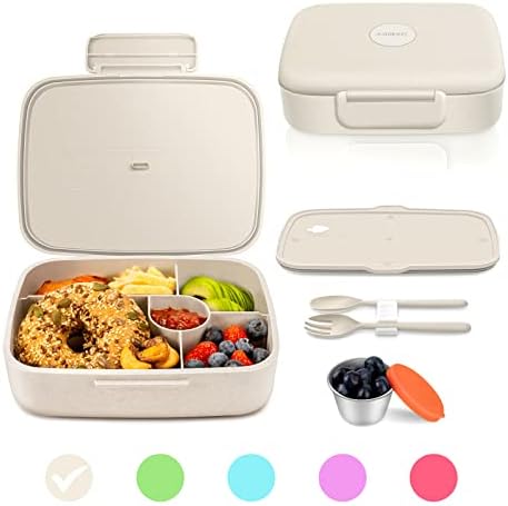  Bento Lunch Box, 5 Compartments Lunch Container For Kids & Adults With Snack Cup, Wheat Fiber Eco-Friendly Double Insulated Boxes, Dishwasher And Microwave Safe, BPA-Free (green)