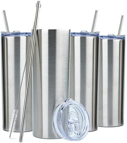  Kinny Tumblers With Lids And Straws (4 Pack) - 20 Oz Double Wall Insulated Slim Stainless Steel Silver Tumblers With Straw Cleaner | Reusable Travel Mug For Hot And Cold Beverages