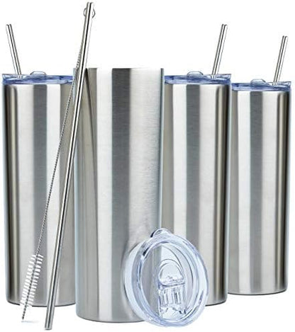  Kinny Tumblers With Lids And Straws (4 Pack) - 20 Oz Double Wall Insulated Slim Stainless Steel Silver Tumblers With Straw Cleaner | Reusable Travel Mug For Hot And Cold Beverages