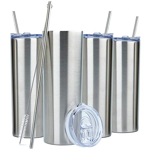  Kinny Tumblers With Lids And Straws (4 Pack) - 20 Oz Double Wall Insulated Slim Stainless Steel Silver Tumblers With Straw Cleaner | Reusable Travel Mug For Hot And Cold Beverages
