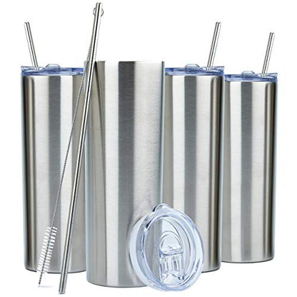  Kinny Tumblers With Lids And Straws (4 Pack) - 20 Oz Double Wall Insulated Slim Stainless Steel Silver Tumblers With Straw Cleaner | Reusable Travel Mug For Hot And Cold Beverages