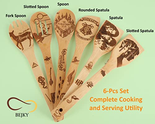 GENERIC Bejky 6-Pcs Wooden Bamboo Spoons Set - Organic Food Cooking Utensils Kitchen Accessories & Home Decor Cookware Gifts For Women Easy Wash Spatulas 3D Engraved Patterns (Magical Wizard Style), 12-''