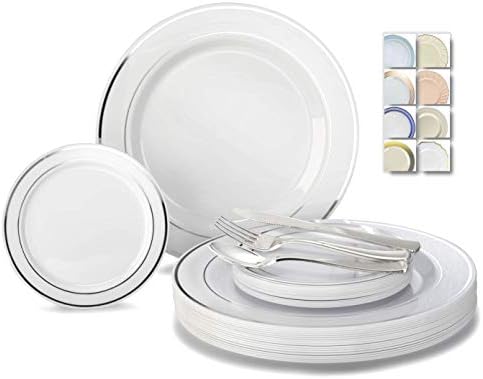  " OCCASIONS " 600 Pcs Set & 120 Guest Wedding Disposable Plastic Plate & Silverware Combo Set (White & Silver Rim Plates, Silver Silverware)