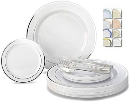  " OCCASIONS " 600 Pcs Set & 120 Guest Wedding Disposable Plastic Plate & Silverware Combo Set (White & Silver Rim Plates, Silver Silverware)