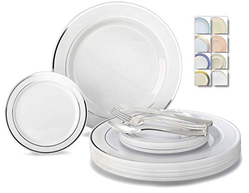  " OCCASIONS " 600 Pcs Set & 120 Guest Wedding Disposable Plastic Plate & Silverware Combo Set (White & Silver Rim Plates, Silver Silverware)