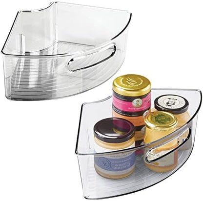  MDesign Plastic Lazy Susan Cabinet Storage Bin With Front Handle For Kitchen Countertop, Pantry, Shelf, Fridge Organization - Hold Food, Drinks, Snacks - Ligne Collection - 2 Pack - Smoke Gray Tint