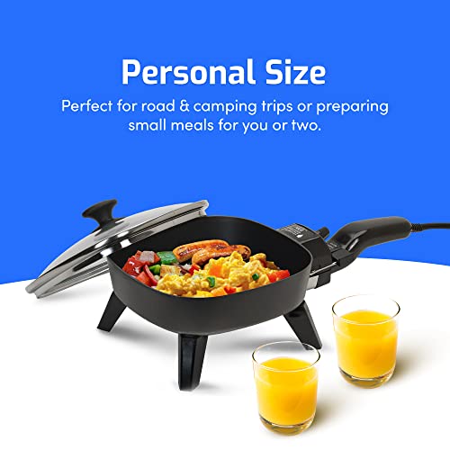  FS-400# Personal Stir Fry Griddle Pan, Rapid Heat Up, 600 Watts Non-stick Electric Skillet With Tempered Glass Lid, Black