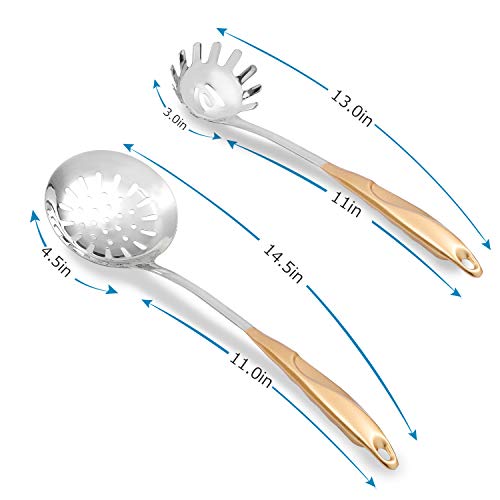  2 PCS Skimmer Spoon And Pasta Server Stainless Steel Spaghetti Fork Slotted Spoon With Gold Plated Vacuum Insulated Handle Kitchen Cooking Utensils For Daily Cooking Use