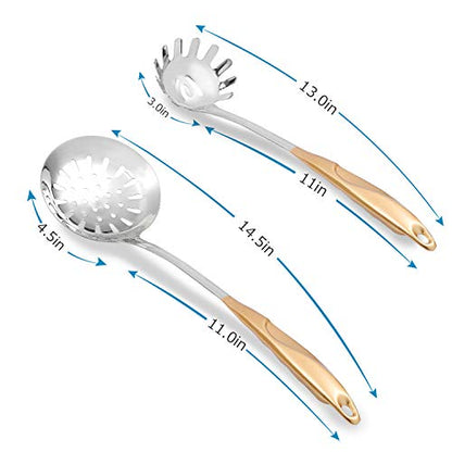  2 PCS Skimmer Spoon And Pasta Server Stainless Steel Spaghetti Fork Slotted Spoon With Gold Plated Vacuum Insulated Handle Kitchen Cooking Utensils For Daily Cooking Use