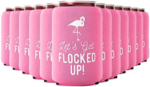  Let's Get Flocked UP!, Set Of 12 Slim Pink And White Can Coolers Cups, Flamingo Can Coolers Perfect Flamingo Party Supplies, Bachelorette Party, And Bridal Showers