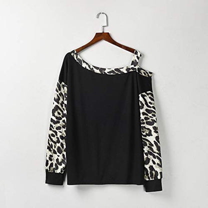  Meikosks Womens Off Shoulder Long Sleeve Tops Leopard Stitching T-Shirt Fashion Printed Blouses