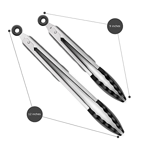  2 Pack Black Kitchen Tongs, Premium Silicone BPA Free Non-Stick Stainless Steel BBQ Cooking Grilling Locking Food Tongs, 9-Inch & 12-Inch