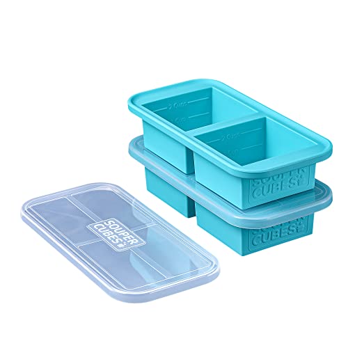  2-Cup Extra-Large Silicone Freezer Tray With Lid- 2 Pack - Makes 4 Perfect 2 Cup Portions - Freeze Soup, Stew, Sauce, Or Meals (2 Cup Tray, Aqua Color, Pack Of 2, With Lids)