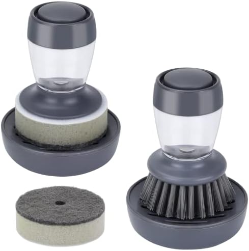  Dish Brush With Soap Dispenser, Kitchen Scrub Brush For Dishes Pots Pans Sink Cleaning, Dish Scrubber With Holder Set (Grey Handle & Nylon Bristles)