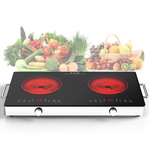  Electric Cooktop,120V 2400W Electric Stove Top With Knob Control,9 Power Levels, Kids Lock & Timer, Hot Surface Indicator, Overheat Protection,12 Inch Built-in Radiant Double Induction Cooktop