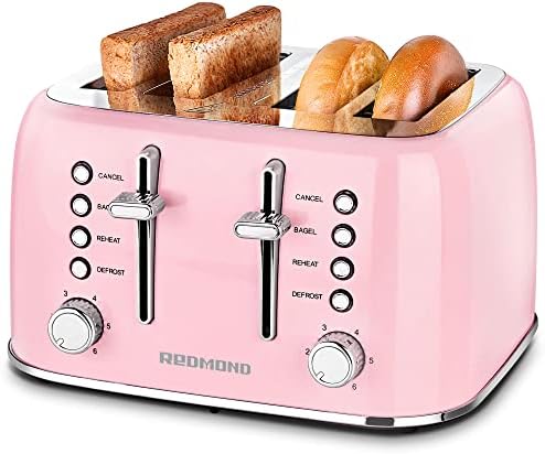 REDMOND Toaster 4 Slice, Retro Stainless Steel Toaster With Extra Wide Slots Bagel, Defrost, Reheat Function, Dual Independent Control Panel, Removable Crumb Tray, 6 Shade Settings And High Lift Lever, White, New Version