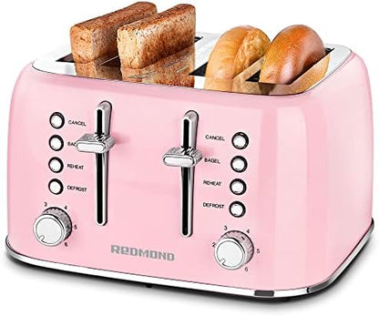 REDMOND Toaster 4 Slice, Retro Stainless Steel Toaster With Extra Wide Slots Bagel, Defrost, Reheat Function, Dual Independent Control Panel, Removable Crumb Tray, 6 Shade Settings And High Lift Lever, White, New Version