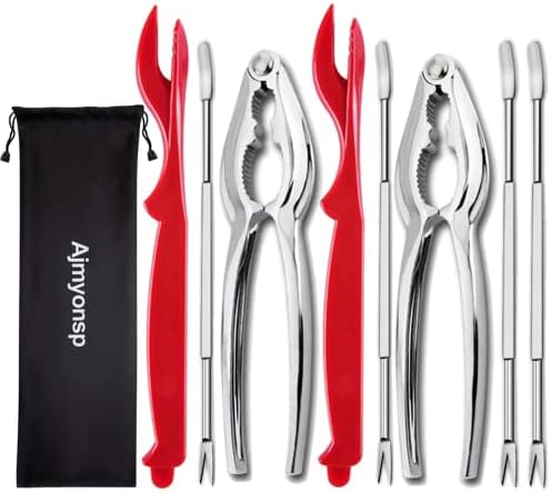  Ajmyonsp 12Pcs Crab Crackers And Tools/Lobster Nut Crackers And Picks - 6 Crab Leg Forks 4 Lobster Shellers, 2 Stainless Steel Seafood Crackers & Storage Bag