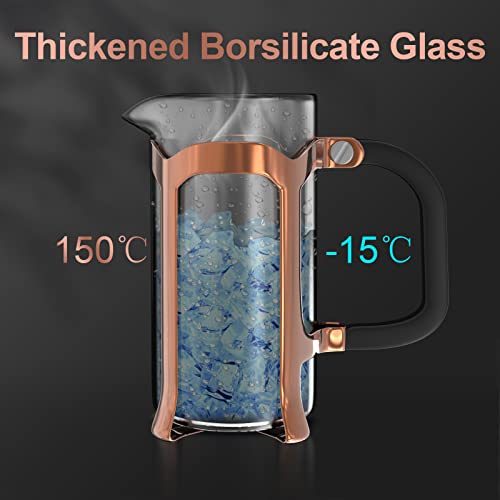  French Press Coffee Maker, Stainless Steel Small French Press 12 Oz Glass 4 Level Filtration System, Durable Heat Resistant Borosilicate Coffee Presser Single Cup