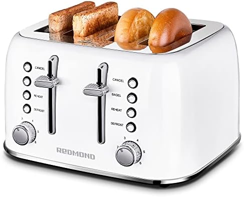 REDMOND Toaster 4 Slice, Retro Stainless Steel Toaster With Extra Wide Slots Bagel, Defrost, Reheat Function, Dual Independent Control Panel, Removable Crumb Tray, 6 Shade Settings And High Lift Lever, White, New Version