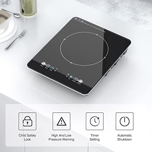  VBGK Induction Cooktop With Ultra Thin Body, Low Noise Hot Plate WithSensor Touch Single Electric Cooktops Countertop Stove With 9 Temperature & Power Levels, Timer, Safety Lock Induction Cooktop