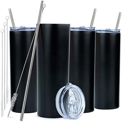  Kinny Tumblers With Lids And Straws (4 Pack) - 20 Oz Double Wall Insulated Slim Stainless Steel Silver Tumblers With Straw Cleaner | Reusable Travel Mug For Hot And Cold Beverages