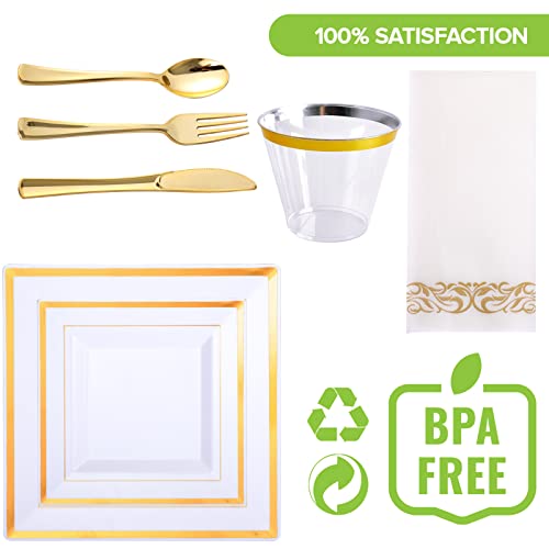  210PCS Gold Dinnerware Set 30 Guest,Gold Party Supplies,60 Gold Rim Plastic Plates-30 Gold Plastic Silverware-30 Plastic Cups-30 Linen Like Paper Napkins For Graduation, Birthday, Cocktail Party-Gold