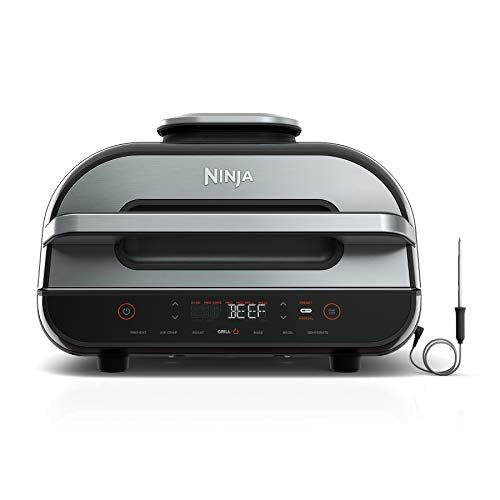 Ninja FG551 Foodi Smart XL 6-in-1 Indoor Grill With Air Fry, Roast, Bake, Broil & Dehydrate, Smart Thermometer, Black/Silver