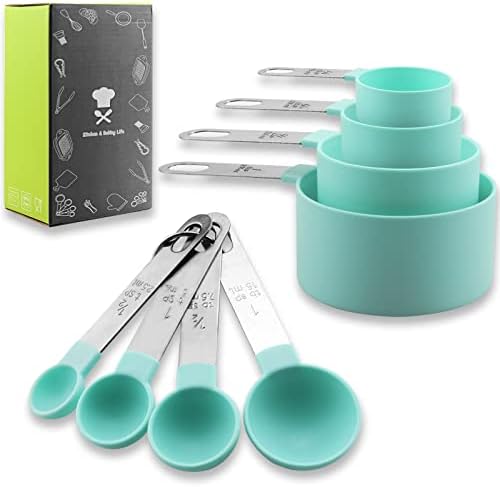  Measuring Cups And Spoons Set, 8 Pieces Measuring Cups And Measuring Spoons With Stackable Stainless Steel Handle Measure Dry Or Liquid Ingredients Measuring Set For Kitchen Cooking And Baking (Pink)