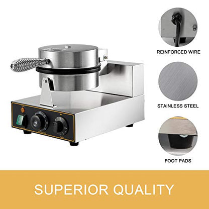  Commercial Round Waffle Maker Nonstick 1100W Stainless Steel 110V Temperature And Time Control, Suitable For Restaurant Bakeries Snack Bar Family, Non-rotated