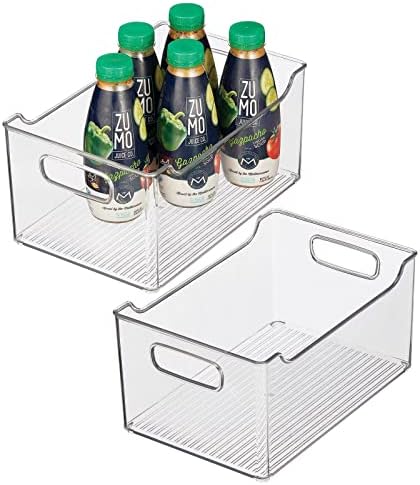  Slim Stackable Plastic Storage Organization Bin With Handles For Kitchen Cabinet, Pantry, Shelf, Refrigerator, Home Organizer For Fruit, Potatoes, Onions, Drinks, Snacks, Pasta, 2 Pack, Clear