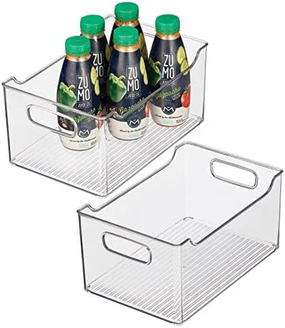 Slim Stackable Plastic Storage Organization Bin With Handles For Kitchen Cabinet, Pantry, Shelf, Refrigerator, Home Organizer For Fruit, Potatoes, Onions, Drinks, Snacks, Pasta, 2 Pack, Clear
